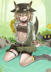 Rule 34 | 1girl, animal ears, arknights, bandeau, beanstalk (arknights), black choker, black footwear, black hat, black shorts, boots, brown eyes, choker, commentary request, ears through headwear, fedora, grey hair, hat, highres, infection monitor (arknights), metal crab (arknights), midriff, navel, omni (omizumisu), shirt, short hair, shorts, sitting, solo, stomach, strapless, tail, thigh strap, thighs, tube top, wariza, white shirt