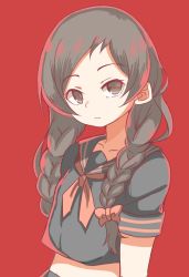 Rule 34 | akarei (red spooky), alternate hairstyle, black eyes, black hair, black sailor collar, black serafuku, bow, braid, closed mouth, commentary request, expressionless, eyebrows, hair bow, highres, idol heroes (idolmaster), idolmaster, idolmaster million live!, kitazawa shiho, long hair, looking at viewer, midriff, neckerchief, red background, red bow, red neckerchief, sailor collar, school uniform, serafuku, short sleeves, solo, upper body