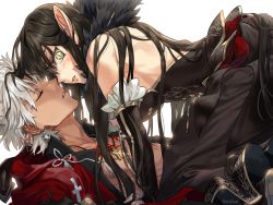 Rule 34 | 1boy, 1girl, absurdly long hair, amakusa shirou (fate), bare shoulders, black dress, black hair, blush, breasts, bridal gauntlets, brown eyes, closed eyes, couple, cross, cross necklace, detached sleeves, dress, earrings, fate/apocrypha, fate/grand order, fate (series), fur trim, g0ringo, girl on top, hetero, jacket, jewelry, large breasts, long dress, long hair, looking at viewer, necklace, parted lips, pink lips, pointy ears, red jacket, semiramis (fate), short hair, sweatdrop, very long hair, white hair, yellow eyes