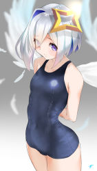 Rule 34 | 1girl, amane kanata, angel, angel wings, arms behind back, asymmetrical bangs, asymmetrical hair, blue hair, blue one-piece swimsuit, bob cut, breasts, c@rbon, child, colored inner hair, commentary, covered navel, cowboy shot, feathered wings, feathers, gradient background, gradient wings, grey background, hair over one eye, halo, highres, hololive, mini wings, multicolored hair, multicolored wings, old school swimsuit, one-piece swimsuit, purple eyes, school swimsuit, short hair, silver hair, single hair intake, small breasts, solo, star halo, streaked hair, swimsuit, virtual youtuber, white background, white wings, wings