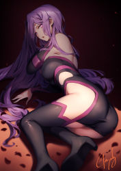 Rule 34 | 1girl, ass, bare shoulders, black dress, black footwear, boots, breasts, detached sleeves, dress, facial mark, fate/stay night, fate (series), forehead, forehead mark, genyaky, high heel boots, high heels, highres, large breasts, legs, long hair, looking at viewer, medusa (fate), medusa (rider) (fate), medusa (rider) (third ascension) (fate), open mouth, parted bangs, purple eyes, purple hair, short dress, thigh boots, thighhighs, very long hair