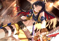 Rule 34 | 2girls, bandeau, bare shoulders, belt, black hair, blue bandeau, blush, breasts, calamity jane (fate), cropped vest, earrings, fate/grand order, fate (series), fingerless gloves, gloves, highres, hoop earrings, ishtar (fate), jewelry, long hair, looking at viewer, medium breasts, multicolored hair, multiple girls, navel, open mouth, parted bangs, red eyes, red hair, short shorts, shorts, space ishtar (fate), space ishtar (second ascension) (fate), thighs, tsuuhan, two-tone hair, two side up, vest, yellow gloves, yellow shorts, yellow vest