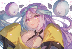 Rule 34 | 1girl, bow-shaped hair, character hair ornament, creatures (company), game freak, hair ornament, hexagon print, highres, iono (pokemon), jacket, long hair, low-tied long hair, min huang, multicolored hair, nintendo, oversized clothes, pokemon, pokemon sv, sharp teeth, sleeves past wrists, solo, split-color hair, teeth, very long sleeves, x, yellow jacket