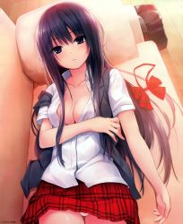 Rule 34 | 1girl, absurdres, blouse, bow, bowtie, unworn bowtie, breasts, cleavage, coffee-kizoku, collarbone, collared shirt, couch, highres, huge filesize, indoors, long hair, looking at viewer, lying, medium breasts, off shoulder, on back, open clothes, open shirt, original, panties, pantyshot, parted lips, plaid, plaid skirt, pleated skirt, purple eyes, purple hair, shiramine rika, shirt, short sleeves, skirt, solo, sweat, unbuttoned, underwear, upskirt, vest, white panties, white shirt