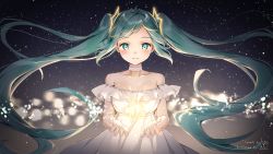 Rule 34 | 1girl, absurdres, bare shoulders, blush, choker, closed mouth, collarbone, commentary, dress, fingernails, floating hair, glowing, green eyes, green hair, hair ornament, has bad revision, has downscaled revision, hatsune miku, highres, kinako (shiratama mochi), long hair, md5 mismatch, off-shoulder dress, off shoulder, resolution mismatch, sidelocks, signature, smile, solo, source smaller, star (symbol), twintails, very long hair, vocaloid, white choker, white dress