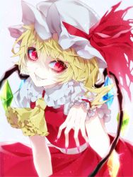 Rule 34 | 1055, 1girl, ascot, blonde hair, blurry, commentary, crystal, depth of field, evil smile, eyebrows hidden by hair, fingernails, flandre scarlet, frilled ascot, frilled shirt collar, frills, glint, grin, hair between eyes, hat, hat ribbon, head tilt, highres, looking at viewer, mob cap, nail polish, one side up, pink nails, puffy short sleeves, puffy sleeves, red eyes, red ribbon, red skirt, red vest, ribbon, sharp fingernails, sharp teeth, shirt, short hair, short sleeves, skirt, skirt set, slit pupils, smile, solo, teeth, torn ribbon, touhou, upper body, vest, white shirt, wings, wrist cuffs, yellow ascot