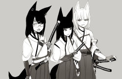 Rule 34 | 3girls, abubu, animal ears, blunt bangs, bridal gauntlets, closed mouth, ear piercing, elbow gloves, eyelid piercing, fingerless gloves, fox ears, fox girl, fox tail, gloves, grey background, hair ornament, hairclip, hakama, hakama skirt, highres, japanese clothes, katana, long hair, looking at another, looking at viewer, multiple girls, original, parted lips, piercing, short hair, simple background, skirt, slit pupils, smile, standing, sword, tail, tattoo, tongue, tongue out, tongue piercing, weapon