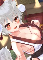 Rule 34 | 1girl, animal ears, bare shoulders, bluekalmia, blush, bra, breasts, cleavage, collarbone, hat, indoors, inubashiri momiji, large breasts, looking at viewer, no panties, open mouth, pom pom (clothes), red bra, red eyes, short hair, silver hair, solo, tail, tokin hat, touhou, underwear, wolf ears, wolf tail