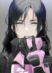 Rule 34 | 1girl, alternate hairstyle, animification, apex legends, black gloves, black jacket, blue eyes, expressionless, gloves, highres, holding, holding mask, jacket, long hair, mask, unworn mask, meriko, multicolored clothes, multicolored jacket, official alternate costume, parted lips, pink jacket, portrait, solo, straight-on, two-tone jacket, void specialist wraith, wraith (apex legends)