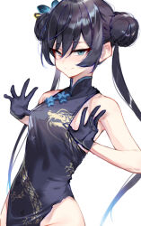 1girl black_dress black_gloves black_hair blue_archive blue_eyes braid braided_bun butterfly_hair_ornament china_dress chinese_clothes closed_mouth clothes_pull commentary covered_navel double_bun dragon_print dress flat_chest gloves hair_bun hair_ornament highres kisaki_(blue_archive) long_hair narrowed_eyes pulling_own_clothes simple_background smile solo thighs twintails very_long_hair wannu white_background