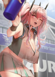 Rule 34 | 1girl, :d, azur lane, bare shoulders, blush, bottle, breasts, bremerton (azur lane), bremerton (scorching-hot training) (azur lane), commentary request, crop top, crop top overhang, hair between eyes, hair ornament, headgear, heart, heart necklace, highres, hyury, jewelry, large breasts, midriff, mole, mole under eye, multicolored hair, necklace, one eye closed, open mouth, pleated skirt, reaching, reaching towards viewer, red eyes, see-through, shirt, skirt, sleeveless, sleeveless shirt, smile, sportswear, streaked hair, sweat, tennis, tennis court, tennis uniform, thighs, two-tone skirt, two side up, water bottle, white skirt, wristband, x hair ornament