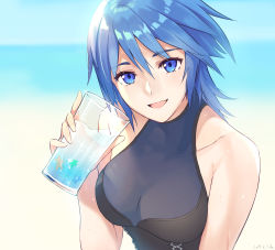 Rule 34 | 1girl, absurdres, aqua (kingdom hearts), blue eyes, blue hair, blurry, blurry background, breasts, collarbone, commentary request, cup, dated, drink, drinking glass, eyelashes, glass, gogo (detteiu de), hair between eyes, hand up, highres, holding, kingdom hearts, kingdom hearts birth by sleep, medium breasts, medium hair, open mouth, solo, sweat, sweatdrop, upper body