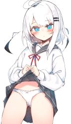 Rule 34 | 1girl, blue eyes, blush, clothes lift, hair ornament, hairclip, highres, lifting own clothes, looking at viewer, medium hair, original, otokuyou, panties, pleated skirt, ringo-chan (otokuyou), simple background, skirt, skirt lift, solo, underwear, white background, white hair, white panties