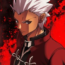Rule 34 | 1boy, abstract background, archer (fate), artist request, dark skin, fate/stay night, fate (series), grey eyes, high collar, jacket, looking at viewer, male focus, red jacket, solo, white hair
