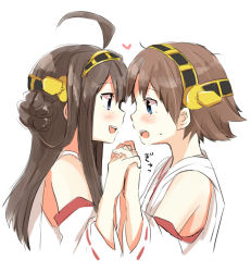 Rule 34 | 10s, 2girls, :d, ahoge, bad id, bad pixiv id, blue eyes, blush, brown hair, double bun, eye contact, hagino makoto, hair bun, hairband, half updo, heart, hiei (kancolle), holding hands, interlocked fingers, kantai collection, kongou (kancolle), long hair, looking at another, multiple girls, nontraditional miko, open mouth, profile, ribbon-trimmed sleeves, ribbon trim, short hair, siblings, simple background, sisters, smile, sweat, upper body, yuri