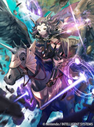 Rule 34 | 1girl, banned artist, black hair, book, breasts, duplicate, fire emblem, fire emblem cipher, fire emblem fates, holding, holding book, horseback riding, kawasumi (japonica), long hair, looking at viewer, magic, nintendo, nyx (fire emblem), panties, pegasus, pixel-perfect duplicate, red eyes, riding, small breasts, thighs, underwear, winged hair ornament, wings