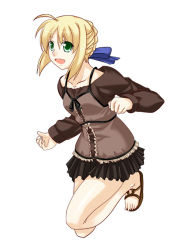 Rule 34 | 00s, 1girl, ahoge, artoria pendragon (all), artoria pendragon (fate), barefoot, black skirt, blonde hair, braid, brown shirt, casual, fate/stay night, fate (series), full body, green eyes, hair ribbon, official alternate costume, pleated skirt, ribbon, saber (fate), sandals, shirt, silvermoon, simple background, single braid, skirt, solo, white background