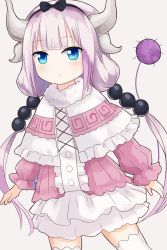 Rule 34 | 1girl, blue eyes, capelet, commentary request, dragon girl, dragon horns, dragon tail, frilled skirt, frills, hair bobbles, hair ornament, hairband, highres, horns, kanna kamui, kobayashi-san chi no maidragon, light purple hair, long hair, looking at viewer, low twintails, satou (3366 s), simple background, skirt, solo, tail, thighhighs, twintails, white background, zettai ryouiki
