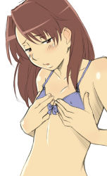 Rule 34 | 1girl, bad id, bad pixiv id, blush, bra, breasts, breasts squeezed together, brown eyes, brown hair, covered erect nipples, flat chest, grabbing, grabbing another&#039;s breast, lingerie, long hair, sawa jaaji, simple background, small breasts, solo, underwear