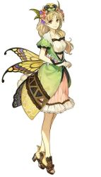 Rule 34 | 1girl, atelier (series), atelier ayesha, ayesha altugle, blonde hair, brown eyes, bug, butterfly, dress, flower, full body, hat, hidari (left side), insect, long hair, looking at viewer, low-tied long hair, multicolored wings, official art, pink dress, shoes, smile, solo, standing, toeless footwear, toeless legwear, toes, white background, wings