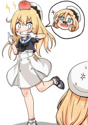 Rule 34 | 2girls, anger vein, blonde hair, blue eyes, blue sailor collar, blush, clenched teeth, comiching, dress, gloves, hair between eyes, hat, head bump, highres, janus (kancolle), jervis (kancolle), kantai collection, long hair, mary janes, middle finger, multiple girls, pig nose, sailor collar, sailor dress, sailor hat, shoes, short sleeves, simple background, socks, tears, teeth, white background, white dress, white gloves, white headwear, white legwear
