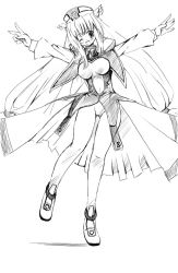 Rule 34 | 00s, 1girl, ;d, full body, greyscale, hat, leotard, long hair, looking at viewer, monochrome, one eye closed, open mouth, seo tatsuya, shoes, smile, solo, standing, ufo princess valkyrie, v, valkyrie (ufo princess valkyrie), white background