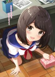 Rule 34 | 1girl, azuki yui, blue sailor collar, blue skirt, breasts, brown eyes, brown hair, collarbone, desk, from above, holding bento, kneeling, medium breasts, neckerchief, open mouth, original, paper, red neckerchief, sailor collar, school uniform, serafuku, shirt, short hair, skirt, translated, under table, white footwear, white serafuku, white shirt, wrapped bento