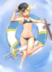 Rule 34 | 1girl, ahoge, artoria pendragon (fate), barefoot, bikini, black hat, blue bikini, blue eyes, breasts, collarbone, e mishi, excalibur (fate/stay night), excalibur morgan (fate), fate/grand order, fate (series), from above, full body, groin, hat, hat over one eye, holding, holding sword, holding weapon, innertube, looking at viewer, mysterious heroine x (fate), navel, side-tie bikini bottom, small breasts, smile, soaking feet, solo, swim ring, swimsuit, sword, water, weapon