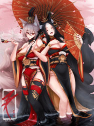 Rule 34 | 2girls, ;), absurdres, animal ear fluff, animal ears, azur lane, black hair, black kimono, black legwear, borrowed character, breasts, cleavage, commentary, detached collar, detached sleeves, english commentary, fingernails, folding fan, forehead, fox ears, fox girl, fox tail, hair between eyes, hair ornament, hand fan, highres, holding, holding smoking pipe, huge breasts, japanese clothes, jewelry, kimono, locked arms, long hair, looking at viewer, moddedjoker, mole, mole under eye, multiple girls, multiple tails, musashi (dishwasher1910), nail polish, obi, off shoulder, oil-paper umbrella, one eye closed, original, parted hair, pelvic curtain, petals, red eyes, red kimono, red nails, reflection, reflective water, ring, sash, short hair, side-tie bottom, smile, smoke, smoking, smoking pipe, standing, tail, teeth, thick thighs, thighhighs, thighs, umbrella, upper teeth only, wading, water, wide sleeves, yamato (dishwasher1910)