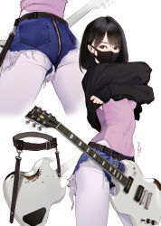 Rule 34 | 1girl, absurdres, arms up, artist name, ass, ass zipper, belt, black eyes, black hair, black sweater, blue shorts, commentary request, covered navel, cowboy shot, cropped legs, cutoffs, electric guitar, guitar, highres, hitomi o, instrument, leotard, leotard under clothes, long sleeves, looking at viewer, mask, mouth mask, multiple views, original, pantyhose, pink leotard, short hair, short shorts, shorts, signature, simple background, sleeves past wrists, sweater, undressing, v-shaped eyebrows, white background, white pantyhose