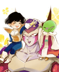 Rule 34 | 3boys, :&gt;, :d, ^ ^, akame (chokydaum), antennae, armor, black hair, blush, boots, carrying, carrying over shoulder, closed eyes, dende, dragon ball, dragonball z, closed eyes, floral background, flower, frieza, full body, gloves, happy, height difference, horns, looking up, male focus, multiple boys, open mouth, petals, pointy ears, profile, red eyes, simple background, sitting, smile, son gohan, upper body, white background, white gloves, yellow flower