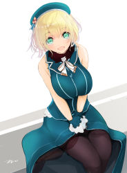 Rule 34 | 10s, 1girl, :d, adapted costume, alternate hair length, alternate hairstyle, aqua eyes, atago (kancolle), bare shoulders, beret, between legs, black pantyhose, blonde hair, blue skirt, breasts, eyebrows, eyes visible through hair, from above, hair between eyes, hand between legs, hat, highres, kantai collection, large breasts, lips, looking at viewer, multicolored background, open mouth, pantyhose, short hair, signature, sitting, skirt, skirt set, sleeveless, smile, solo, tebi (tbd11), v arms, wrist cuffs