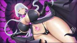 Rule 34 | 1girl, areola slip, azur lane, black gloves, black panties, blush, breasts, cleavage, clothes lift, corruption, covered erect nipples, curvy, dress, dress lift, elbow gloves, eva (hq8nn1ef), eyebrows hidden by hair, flower, gloves, hair flower, hair ornament, huge breasts, illustrious (azur lane), looking at viewer, navel, panties, parted lips, pubic tattoo, revealing clothes, signature, solo, stomach, tattoo, thighs, twintails, underwear, white hair, yellow eyes