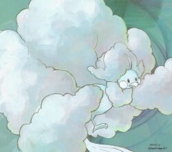 Rule 34 | abstract background, altaria, animal focus, bird, black eyes, blue background, creatures (company), dated, fluffy, flying, game freak, gen 3 pokemon, highres, kurakimikage327, nintendo, no humans, open mouth, pokemon, pokemon (creature), signature, solo