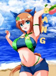 Rule 34 | 1girl, alternate costume, animal ears, arm strap, arm up, armband, armpits, bandeau, bare shoulders, beach, bikini, bikini over clothes, blue eyes, blue shorts, blue sky, breasts, brown hair, cloud, commentary request, cowboy shot, criss-cross halter, day, green armband, green bikini, hair ornament, halterneck, highres, horse ears, large breasts, medium hair, midriff, navel, ocean, outdoors, ponytail, short shorts, shorts, sky, solo, standing, star (symbol), star hair ornament, stomach, strapless, swimsuit, taiki shuttle (umamusume), tail, tkka, tube top, umamusume, water
