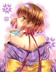 Rule 34 | 00s, 1girl, absurdres, back, bare shoulders, bow, brown hair, choker, cup, from behind, hairband, highres, holding, holding cup, japanese clothes, kanzaki sumire, kimono, looking at viewer, looking back, mole, mole under eye, obi, off shoulder, red bow, red ribbon, ribbon, ribbon choker, sakura taisen, sash, solo, tea, teacup, touki matsuri, yellow bow, yellow eyes
