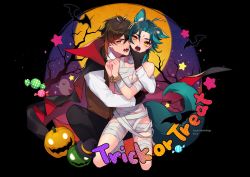 Rule 34 | 2boys, animal ears, bandaid, black cape, black pants, brown hair, brown vest, candy apple, cape, food, fox ears, fox tail, genshin impact, green hair, green tail, hair between eyes, hat, highres, jack-o&#039;-lantern, jewelry, kh66gs, long hair, long sleeves, male focus, multicolored hair, multiple boys, mummy, mummy costume, open mouth, pants, short hair, tail, trick or treat, vampire, vampire costume, vest, witch hat, xiao (genshin impact), yaoi, yellow eyes, zhongli (genshin impact)
