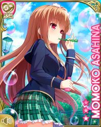 Rule 34 | 1girl, asahina momoko, ass, badge, bag, blazer, blowing, blue jacket, bow, brown hair, bubble, button badge, card (medium), character name, girlfriend (kari), hair bow, hair ribbon, jacket, necktie, official art, one side up, open mouth, outdoors, plaid, plaid skirt, playground, qp:flapper, red eyes, ribbon, school uniform, side ponytail, skirt, smile, solo, standing, swing set