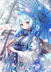 Rule 34 | 07touka25, 1girl, animal ears, bell, blue hair, blue umbrella, brown eyes, butterfly bow, cherry blossoms, commentary request, fox ears, fox girl, fox tail, highres, japanese clothes, neck bell, original, smile, snowflakes, tail, torii, umbrella