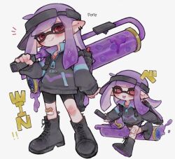 Rule 34 | 1girl, 7om x2, :p, bike shorts, black footwear, boots, closed mouth, commentary, cross-laced footwear, english text, highres, holding, holding weapon, inkling, inkling girl, inkling player character, long hair, looking at viewer, multiple views, nintendo, notice lines, pointy ears, purple hair, red eyes, running, sideways hat, simple background, sleeves past wrists, smile, splat roller (splatoon), splatoon (series), splatoon 3, symbol-only commentary, tentacle hair, tongue, tongue out, translation request, visor cap, weapon, white background
