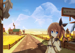 Rule 34 | 1girl, bag, blue eyes, blue sky, brown hair, cloud, day, fence, long hair, looking at viewer, lucena winter, original, shoulder bag, side ponytail, sky, solo, translation request, upper body, windmill, yuuhagi (amaretto-no-natsu)
