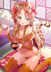Rule 34 | 1girl, :d, animal ear fluff, animal ears, bare shoulders, bikini, blurry, blurry background, blush, bowl, breasts, brown hair, chopsticks, collarbone, commentary request, cushion, depth of field, detached sleeves, fang, flower, food, green eyes, hair between eyes, hair flower, hair ornament, highres, holding, holding bowl, holding chopsticks, long hair, long sleeves, looking at viewer, mutou mato, navel, no shoes, open mouth, orange bikini, orange sleeves, orange thighhighs, original, parted bangs, pink flower, small breasts, smile, solo, swimsuit, tail, thighhighs, tiger ears, tiger girl, tiger tail, very long hair, zabuton