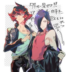 Rule 34 | 2boys, adjusting clothes, black jacket, blue hair, gueira, hair over one eye, hinoe (right-hnxx03), jacket, leather, leather jacket, long hair, male focus, meis (promare), multiple boys, off shoulder, open clothes, open jacket, promare, red eyes, red hair, shoulder tattoo, tattoo, undressing