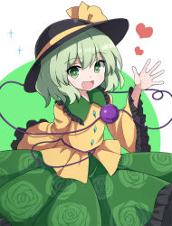 Rule 34 | 1girl, :d, black hat, blouse, bow, bright pupils, buttons, diamond button, eyeball, floral print, frilled shirt collar, frilled skirt, frilled sleeves, frills, green eyes, green skirt, hand up, hat, hat bow, hat ribbon, heart, komeiji koishi, light green hair, long sleeves, looking at viewer, medium hair, open mouth, ribbon, rizento, rose print, shirt, skirt, smile, solo, third eye, touhou, white background, wide sleeves, yellow bow, yellow ribbon, yellow shirt