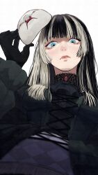 Rule 34 | 1girl, absurdres, black choker, black dress, black gloves, black hair, blue eyes, blunt bangs, checkered clothes, checkered dress, choker, commentary, cross-laced clothes, cross-laced dress, dress, frilled sleeves, frills, gloves, gothic lolita, highres, hololive, hololive dev is, juufuutei raden, kafan, lace, lace-trimmed choker, lace choker, lace trim, lolita fashion, long hair, looking at viewer, multicolored hair, noh mask, puffy sleeves, red brooch, sidelocks, solo, straight hair, streaked hair, virtual youtuber, white hair