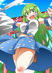 Rule 34 | 1girl, absurdres, armpits, breasts, cloud, day, detached sleeves, from below, gohei, green eyes, green hair, highres, kochiya sanae, large breasts, loafers, long hair, looking at viewer, matching hair/eyes, midriff, navel, oonusa, open mouth, outdoors, outstretched arms, shoes, sky, solo, spread arms, standing, standing on one leg, thighs, torii, touhou, upskirt, zk (zk gundan)