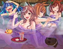Rule 34 | 4girls, = =, animal ears, aqua hair, arm up, balaclava, bathing, blue hair, blunt ends, bob cut, bow, breasts, brown eyes, bush, carrot sticks, cleavage, closed eyes, closed mouth, collarbone, commentary request, crossed bangs, cup, drooling, ear covers, ear ornament, grey eyes, hair bow, hair down, hair ornament, hairclip, hand on own chest, hand up, highres, horse ears, horse girl, horse tail, ikuno dictus (umamusume), knees up, leaning back, leaning on person, light brown hair, long hair, looking at viewer, matikane tannhauser (umamusume), medium breasts, mouth drool, multicolored hair, multiple girls, naked towel, nice nature (umamusume), objectification, one eye closed, onsen, open mouth, orange hair, outdoors, outstretched arm, partially submerged, pink towel, plate, red hair, rock, rubber duck, sharp teeth, sidelocks, sideways glance, sitting, small breasts, special week (umamusume), streaked hair, striped bow, sweat, tail, teeth, towel, tsumiki kuzushi, twin turbo (umamusume), two-tone hair, umamusume, unworn headwear, upper teeth only, water, yellow eyes