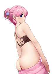 1girl absurdres alternate_hairstyle ass back bare_arms bare_shoulders bikini black_bikini blue_eyes bocchi_the_rock! butt_crack criss-cross_halter cube_hair_ornament from_below gotoh_hitori hair_between_eyes hair_ornament halterneck highres liwen520 looking_at_viewer pants pink_hair pink_pants simple_background solo swimsuit white_background