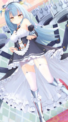 Rule 34 | 1girl, armored boots, azur lane, blue hair, boots, breasts, cannon, clothes lift, detached sleeves, garter belt, highres, lifting own clothes, long hair, looking at viewer, maid headdress, naughty face, neptune (azur lane), panties, skirt, skirt lift, smile, solo, tenjou ryuka, thighhighs, underwear, yellow eyes