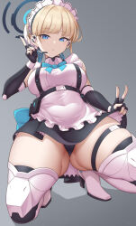 Rule 34 | 1girl, apron, bare shoulders, black dress, black gloves, blonde hair, blue archive, blue eyes, blue ribbon, blush, boots, bow, bowtie, braid, breasts, bun cover, chest harness, covered navel, double v, dress, earpiece, elbow gloves, fingerless gloves, french braid, gloves, gluteal fold, hair bun, hair ribbon, halo, harness, highres, looking at viewer, maid headdress, medium breasts, pouch, ribbon, short dress, short hair, single hair bun, sleeveless, sleeveless dress, solo, squatting, thick thighs, thigh boots, thighs, toki (blue archive), v, white apron, white footwear, yasojima nejiro